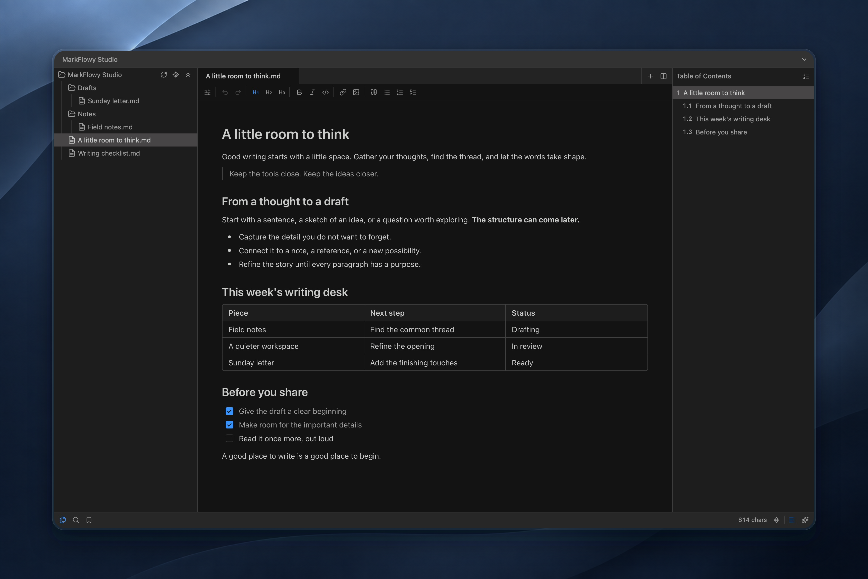 MarkFlowy Desktop with a dark theme