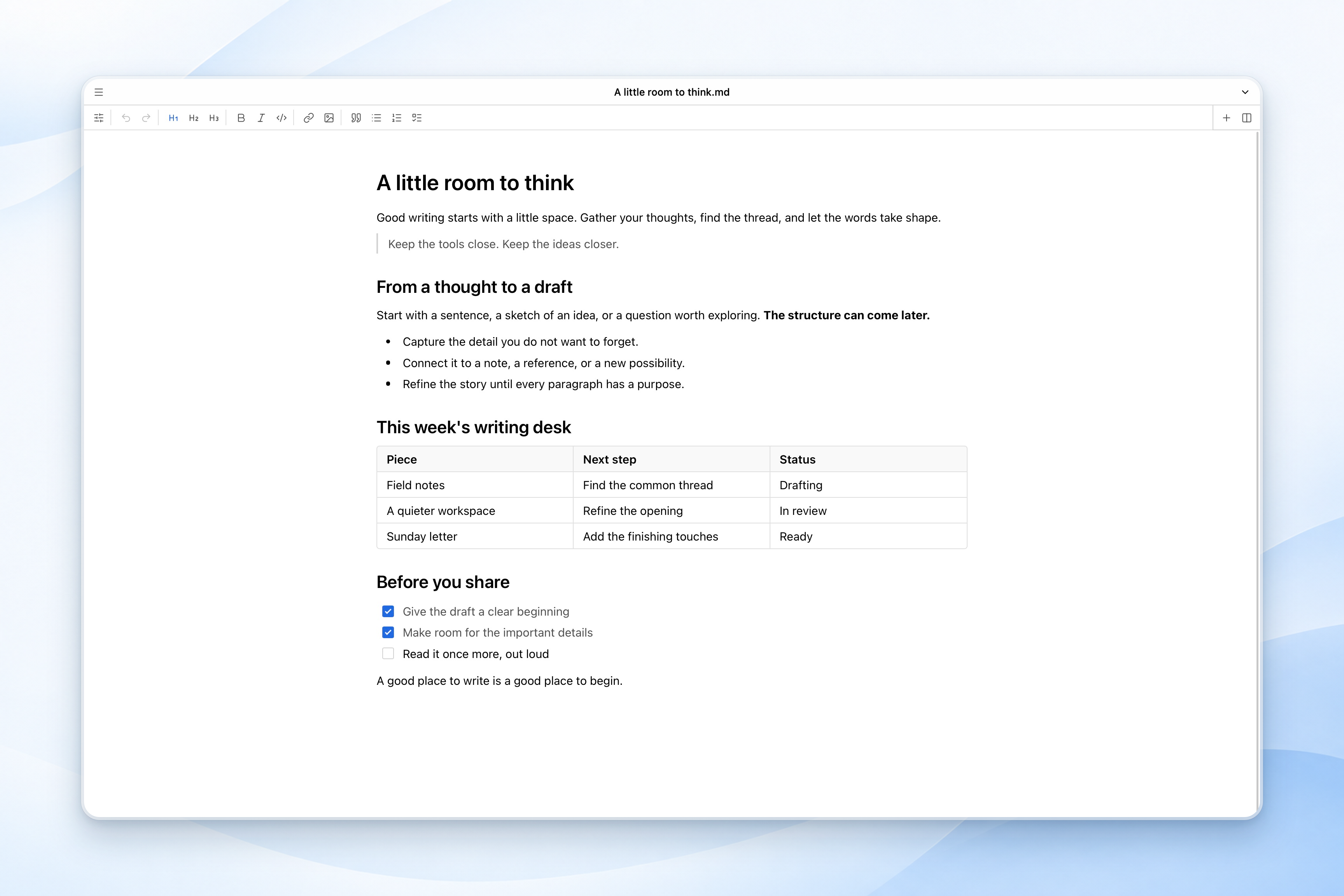 MarkFlowy Desktop in single-file mode, with a compact toolbar and the document name in the title bar